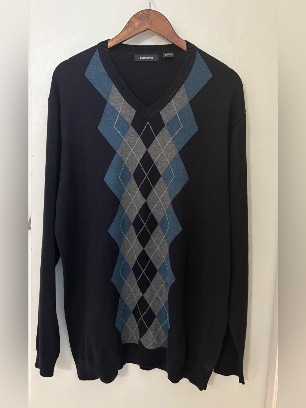 Claiborne 100% Cotton Navy V-Neck Sweater with Blue and Gray Argyle Men’s Sz:XL